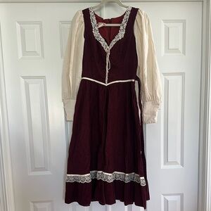 Gunne Sax Burgundy and Cream Long Sleeve Dress